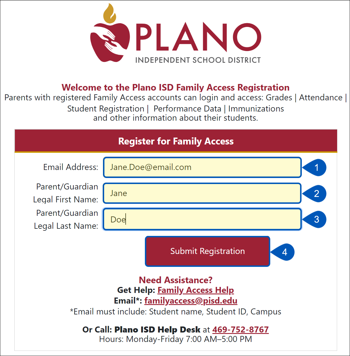 Family Access Registration screen